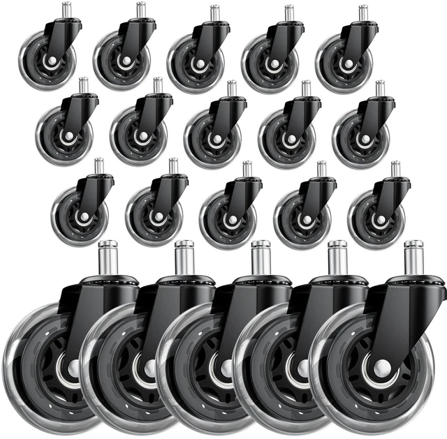 Main image of 3" Office Chair Wheels 20-Pack Heavy Duty Smooth rolling polyurethane wheels protect floors. Universal fit for most chairs. Quiet design for home office