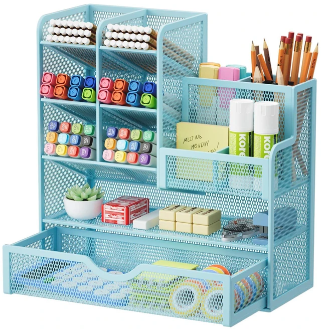 Main image of Mesh Pen Holder for Desk, Multi-Functional Pencil Organizer with Drawer, Desk Organizers and Accessories for Office Art Supplies (Blue)