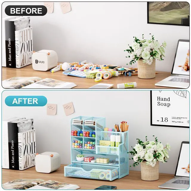 Alt view image 3 of 6 - Mesh Pen Holder for Desk, Multi-Functional Pencil Organizer with Drawer, Desk Organizers and Accessories for Office Art Supplies (Blue)