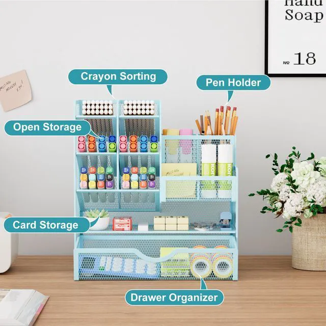 Alt view image 2 of 6 - Mesh Pen Holder for Desk, Multi-Functional Pencil Organizer with Drawer, Desk Organizers and Accessories for Office Art Supplies (Blue)