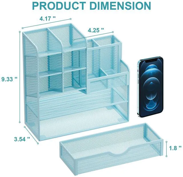 Alt view image 4 of 6 - Mesh Pen Holder for Desk, Multi-Functional Pencil Organizer with Drawer, Desk Organizers and Accessories for Office Art Supplies (Blue)