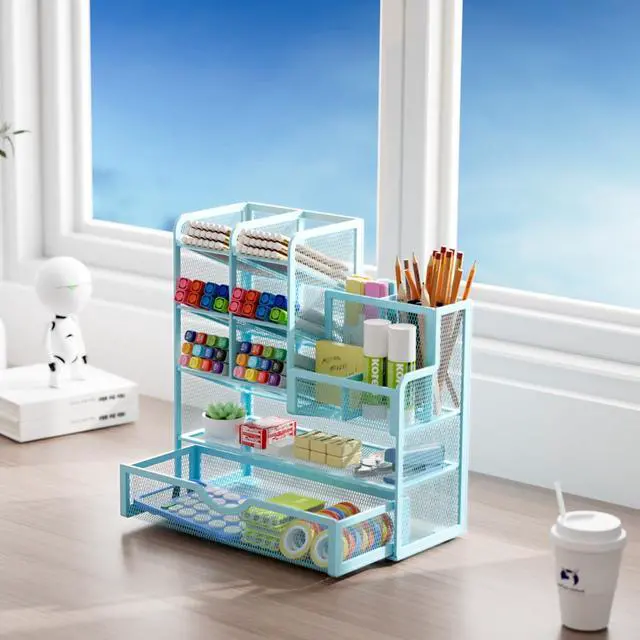 Alt view image 5 of 6 - Mesh Pen Holder for Desk, Multi-Functional Pencil Organizer with Drawer, Desk Organizers and Accessories for Office Art Supplies (Blue)