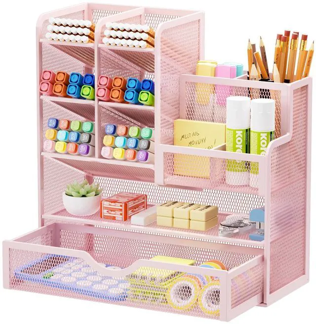 Main image of Mesh Desk Organizer with Drawer, Multi-Functional Pencil Organizer, 12 Compartments, Pink, Modern, Minimalist