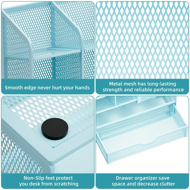 Alt view image 6 of 6 - Mesh Pen Holder for Desk, Multi-Functional Pencil Organizer with Drawer, Desk Organizers and Accessories for Office Art Supplies (Blue)