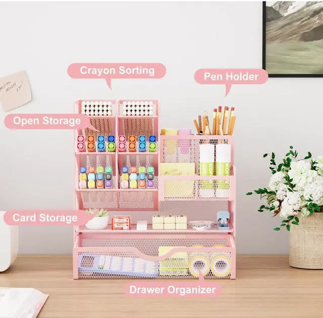 Alt view image 2 of 6 - Mesh Desk Organizer with Drawer, Multi-Functional Pencil Organizer, 12 Compartments, Pink, Modern, Minimalist