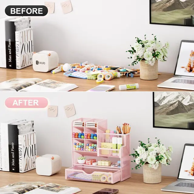 Alt view image 3 of 6 - Mesh Desk Organizer with Drawer, Multi-Functional Pencil Organizer, 12 Compartments, Pink, Modern, Minimalist