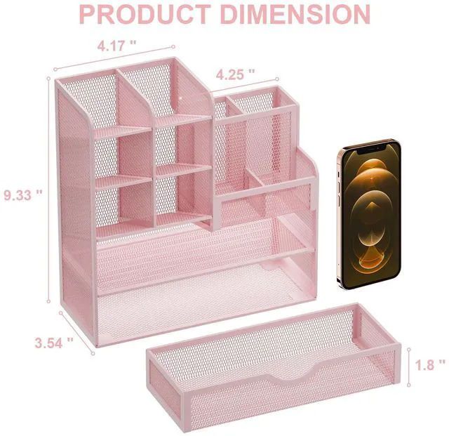 Alt view image 4 of 6 - Mesh Desk Organizer with Drawer, Multi-Functional Pencil Organizer, 12 Compartments, Pink, Modern, Minimalist