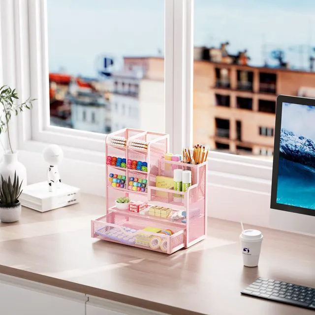 Alt view image 5 of 6 - Mesh Desk Organizer with Drawer, Multi-Functional Pencil Organizer, 12 Compartments, Pink, Modern, Minimalist