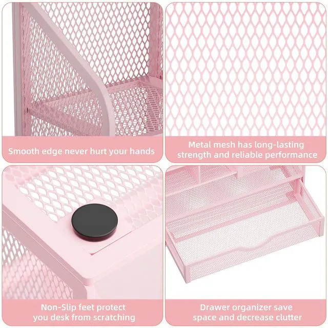 Alt view image 6 of 6 - Mesh Desk Organizer with Drawer, Multi-Functional Pencil Organizer, 12 Compartments, Pink, Modern, Minimalist