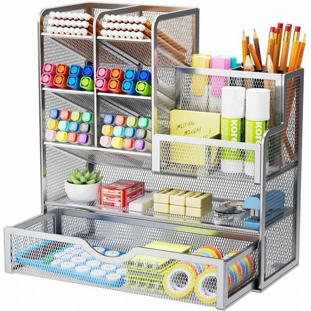 Main image of Mesh Pen Holder for Desk, Pen Organizer with Drawer, Multi-Functional Pencil Organizer, Desk Organizers and Accessories for Office Art Supplies (Silver)