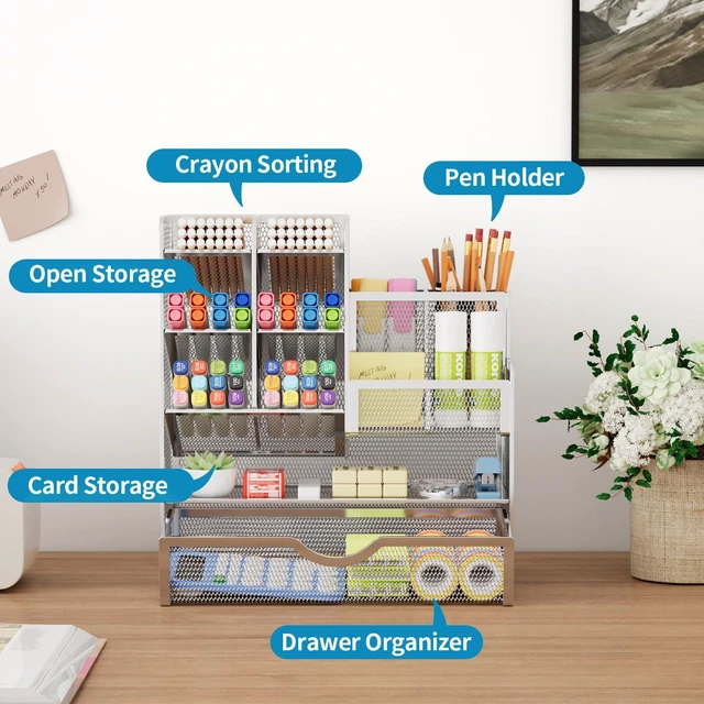 Alt view image 2 of 6 - Mesh Pen Holder for Desk, Pen Organizer with Drawer, Multi-Functional Pencil Organizer, Desk Organizers and Accessories for Office Art Supplies (Silver)