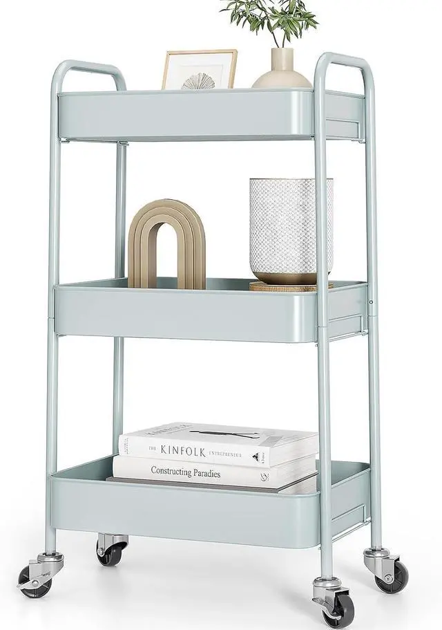 Main image of 3 Tier Metal Rolling Cart, Utility Storage Cart with Wheels, Green | Screwless Assembly, Lockable Metal Wheels, Trolley Organizer for Bathroom, Kitchen, Office, Dorm, Laundry, Craft Room