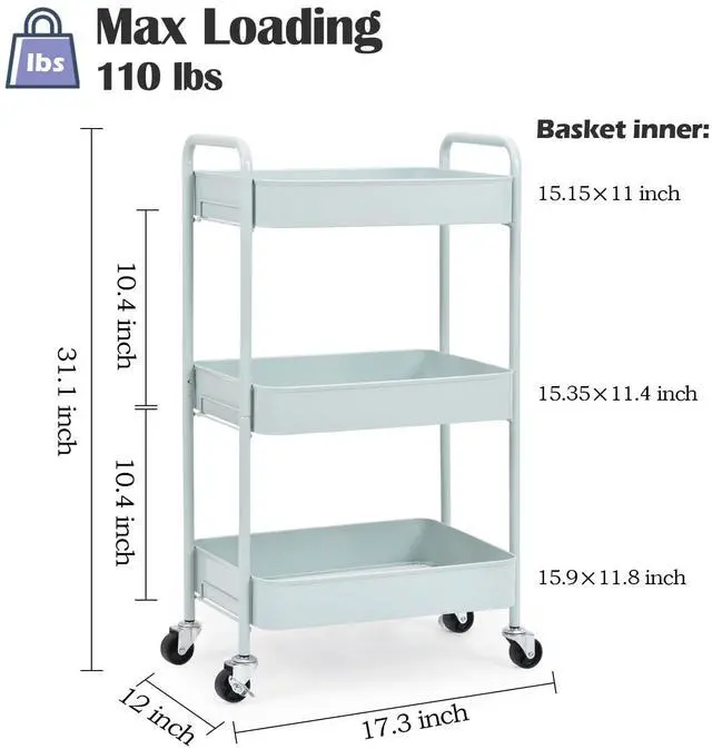 Alt view image 2 of 7 - 3 Tier Metal Rolling Cart, Utility Storage Cart with Wheels, Green | Screwless Assembly, Lockable Metal Wheels, Trolley Organizer for Bathroom, Kitchen, Office, Dorm, Laundry, Craft Room