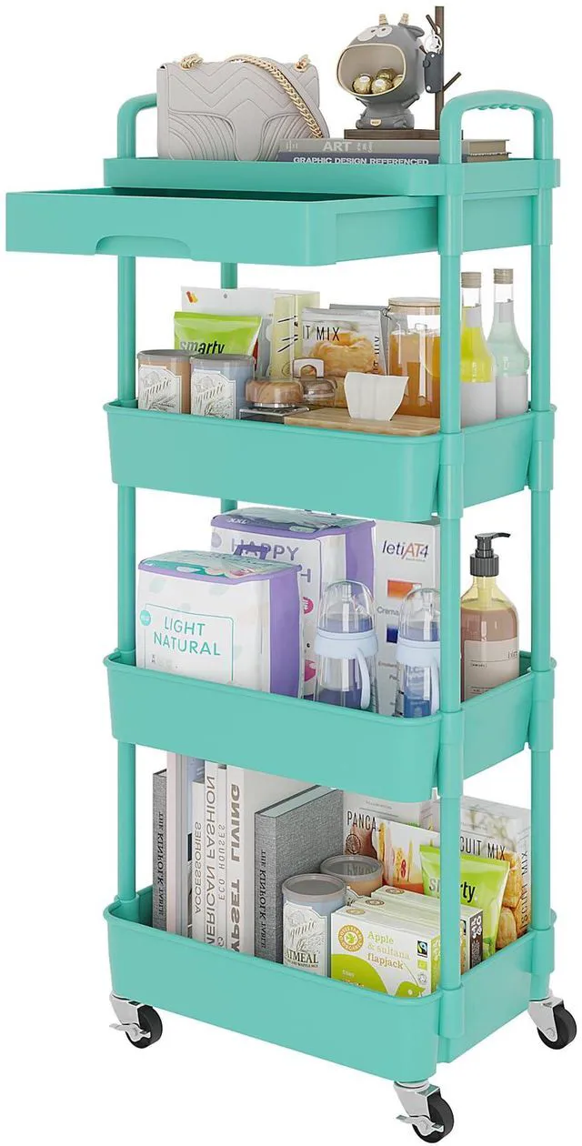 Main image of 4-Tier Utility Cart with Drawer & Wheels, Storage for Home,Office Space-Saving Organizer, Sturdy Plastic Shelves, Smooth-Rolling Metal Wheels, Built-in Drawer for Small Items, Green