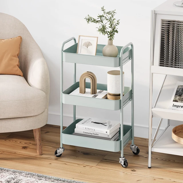 Alt view image 7 of 7 - 3 Tier Metal Rolling Cart, Utility Storage Cart with Wheels, Green | Screwless Assembly, Lockable Metal Wheels, Trolley Organizer for Bathroom, Kitchen, Office, Dorm, Laundry, Craft Room