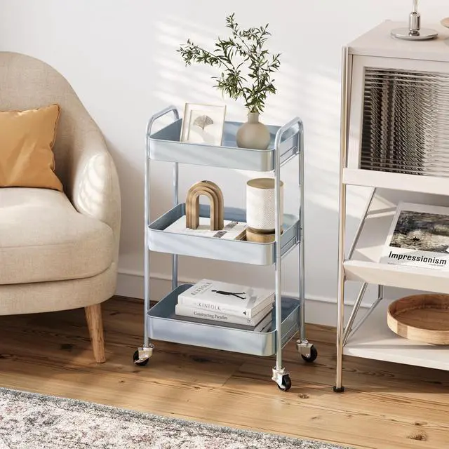 Alt view image 6 of 7 - 3 Tier Metal Rolling Cart, Utility Storage Cart with Wheels, Green | Screwless Assembly, Lockable Metal Wheels, Trolley Organizer for Bathroom, Kitchen, Office, Dorm, Laundry, Craft Room