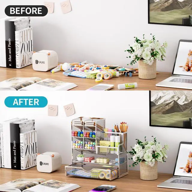 Alt view image 3 of 6 - Mesh Pen Holder for Desk, Pen Organizer with Drawer, Multi-Functional Pencil Organizer, Desk Organizers and Accessories for Office Art Supplies (Silver)