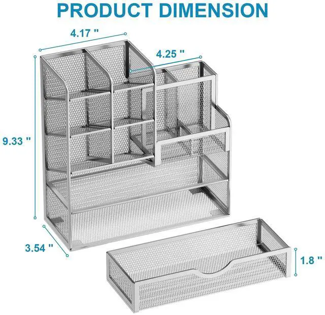 Alt view image 4 of 6 - Mesh Pen Holder for Desk, Pen Organizer with Drawer, Multi-Functional Pencil Organizer, Desk Organizers and Accessories for Office Art Supplies (Silver)