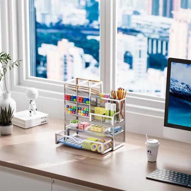 Alt view image 5 of 6 - Mesh Pen Holder for Desk, Pen Organizer with Drawer, Multi-Functional Pencil Organizer, Desk Organizers and Accessories for Office Art Supplies (Silver)