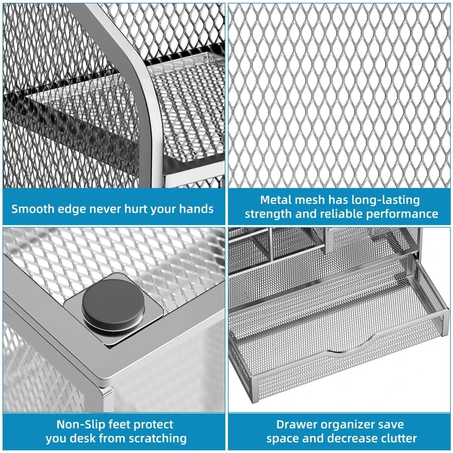 Alt view image 6 of 6 - Mesh Pen Holder for Desk, Pen Organizer with Drawer, Multi-Functional Pencil Organizer, Desk Organizers and Accessories for Office Art Supplies (Silver)