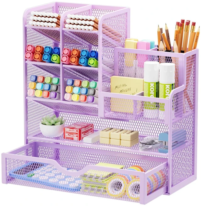 Main image of Mesh Pen Holder for Desk, Multi-Functional Pencil Organizer with Drawer, Desk Organizers and Accessories for Office Art Supplies (Purple)
