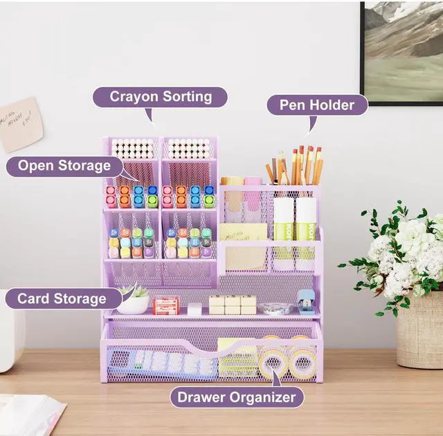 Alt view image 2 of 7 - Mesh Pen Holder for Desk, Multi-Functional Pencil Organizer with Drawer, Desk Organizers and Accessories for Office Art Supplies (Purple)