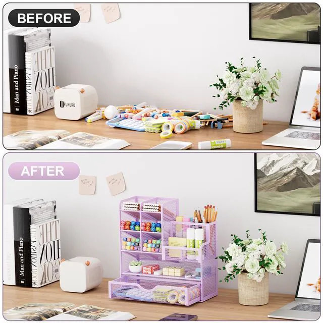 Alt view image 3 of 7 - Mesh Pen Holder for Desk, Multi-Functional Pencil Organizer with Drawer, Desk Organizers and Accessories for Office Art Supplies (Purple)