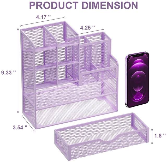 Alt view image 4 of 7 - Mesh Pen Holder for Desk, Multi-Functional Pencil Organizer with Drawer, Desk Organizers and Accessories for Office Art Supplies (Purple)