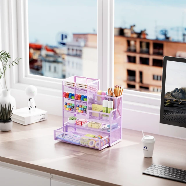 Alt view image 5 of 7 - Mesh Pen Holder for Desk, Multi-Functional Pencil Organizer with Drawer, Desk Organizers and Accessories for Office Art Supplies (Purple)