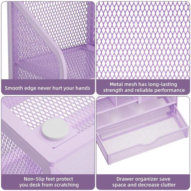 Alt view image 6 of 7 - Mesh Pen Holder for Desk, Multi-Functional Pencil Organizer with Drawer, Desk Organizers and Accessories for Office Art Supplies (Purple)