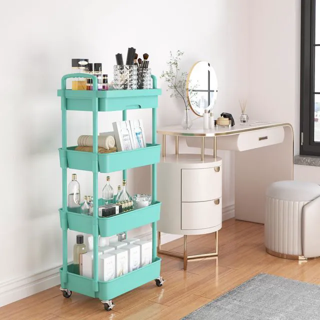 Alt view image 2 of 7 - 4-Tier Utility Cart with Drawer & Wheels, Storage for Home,Office Space-Saving Organizer, Sturdy Plastic Shelves, Smooth-Rolling Metal Wheels, Built-in Drawer for Small Items, Green
