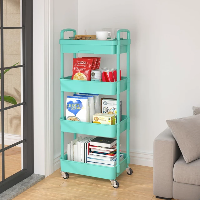 Alt view image 4 of 7 - 4-Tier Utility Cart with Drawer & Wheels, Storage for Home,Office Space-Saving Organizer, Sturdy Plastic Shelves, Smooth-Rolling Metal Wheels, Built-in Drawer for Small Items, Green