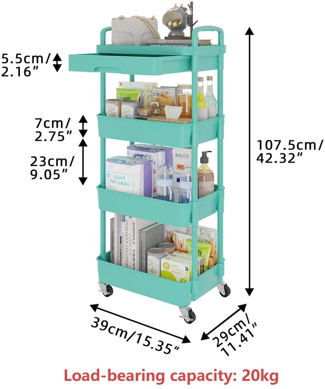 Alt view image 5 of 7 - 4-Tier Utility Cart with Drawer & Wheels, Storage for Home,Office Space-Saving Organizer, Sturdy Plastic Shelves, Smooth-Rolling Metal Wheels, Built-in Drawer for Small Items, Green