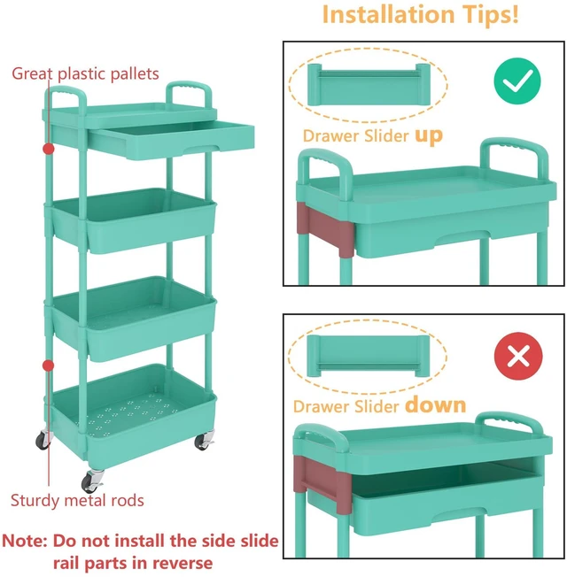 Alt view image 6 of 7 - 4-Tier Utility Cart with Drawer & Wheels, Storage for Home,Office Space-Saving Organizer, Sturdy Plastic Shelves, Smooth-Rolling Metal Wheels, Built-in Drawer for Small Items, Green