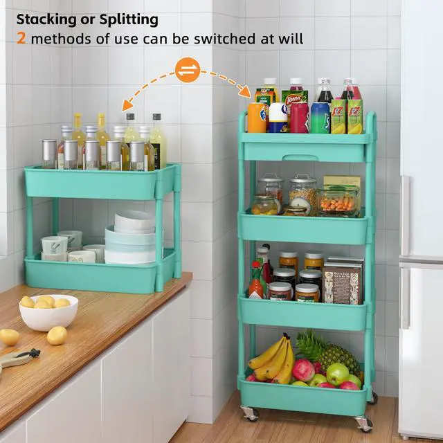 Alt view image 7 of 7 - 4-Tier Utility Cart with Drawer & Wheels, Storage for Home,Office Space-Saving Organizer, Sturdy Plastic Shelves, Smooth-Rolling Metal Wheels, Built-in Drawer for Small Items, Green