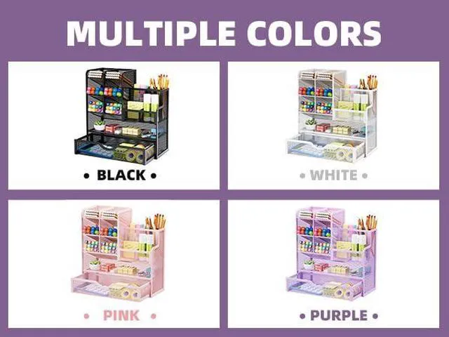Alt view image 7 of 7 - Mesh Pen Holder for Desk, Multi-Functional Pencil Organizer with Drawer, Desk Organizers and Accessories for Office Art Supplies (Purple)