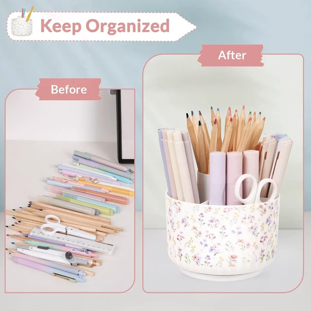 Alt view image 5 of 6 - Rotating Pencil Pen Holder for Desk, Pencil Cup with 5 Slots 360 Degree Rotating Desk Organizer, Desk Decor for Office, School, Home
