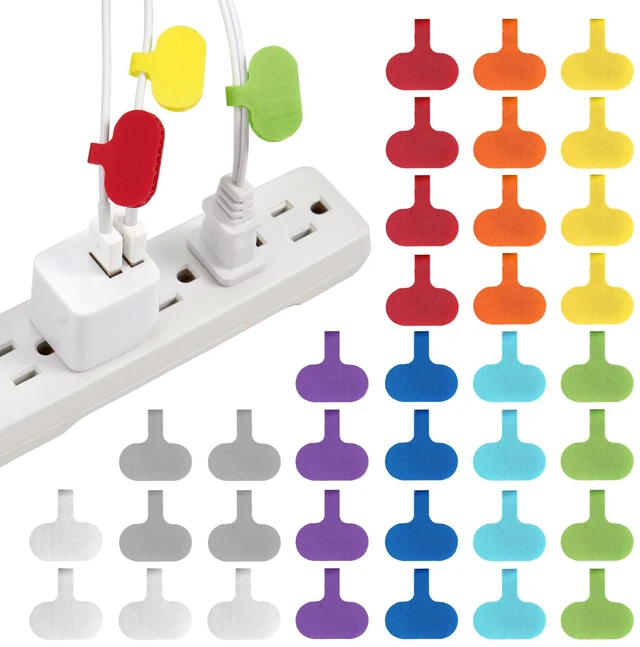 Main image of Cable Labels - Oval, Multi-Color (36 Pack) Write-On Wire Tags for Cord Identification with Power Strips Behind Desks and TVs