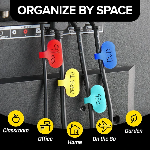 Alt view image 6 of 7 - Cable Labels - Oval, Multi-Color (36 Pack) Write-On Wire Tags for Cord Identification with Power Strips Behind Desks and TVs