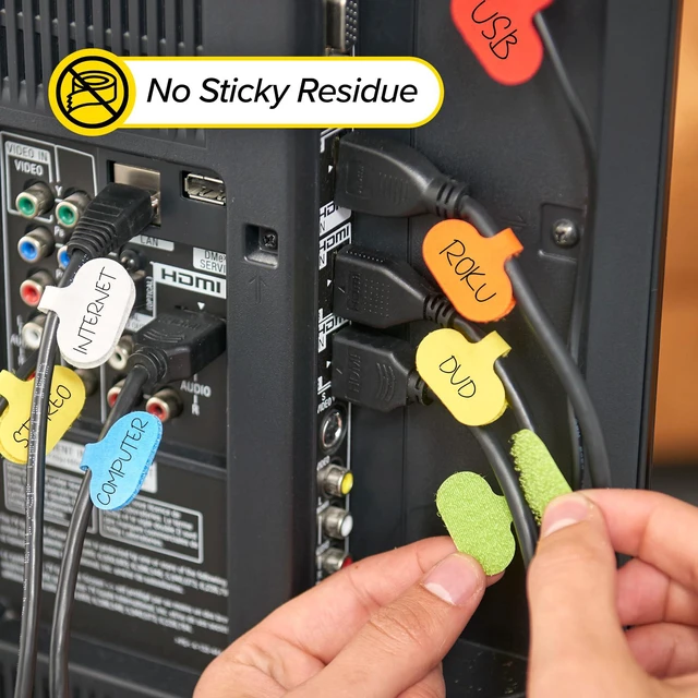 Alt view image 5 of 7 - Cable Labels - Oval, Multi-Color (36 Pack) Write-On Wire Tags for Cord Identification with Power Strips Behind Desks and TVs