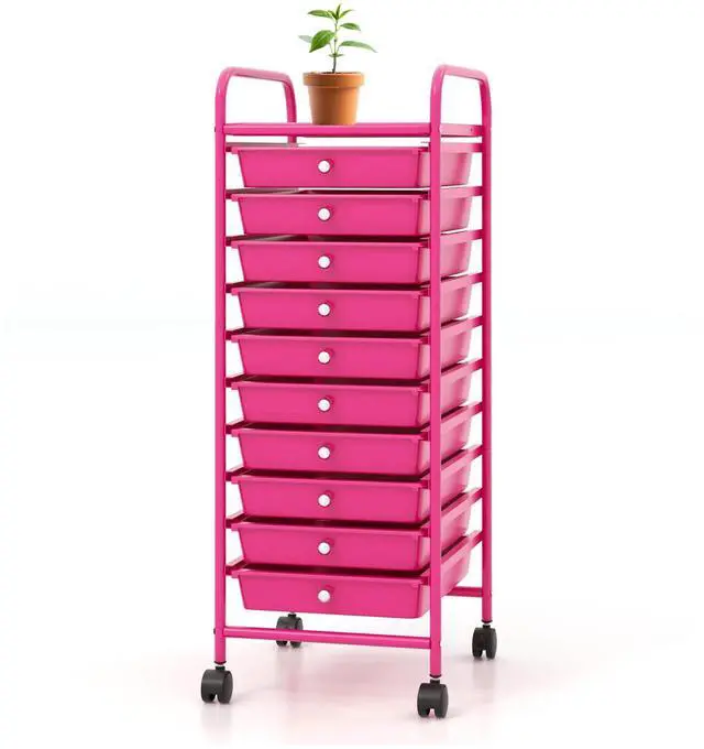 Main image of Storage Cart, Rolling Utility Cart with 10 Drawers, Portable Handles & Lockable Wheels, Mobile Paper Toys Storage Organizer Large Capacity for Home Office School Teacher (Hot Pink)