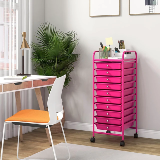 Alt view image 2 of 7 - Storage Cart, Rolling Utility Cart with 10 Drawers, Portable Handles & Lockable Wheels, Mobile Paper Toys Storage Organizer Large Capacity for Home Office School Teacher (Hot Pink)