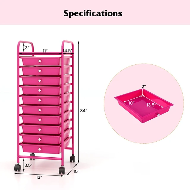Alt view image 3 of 7 - Storage Cart, Rolling Utility Cart with 10 Drawers, Portable Handles & Lockable Wheels, Mobile Paper Toys Storage Organizer Large Capacity for Home Office School Teacher (Hot Pink)