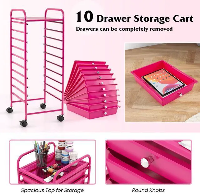 Alt view image 4 of 7 - Storage Cart, Rolling Utility Cart with 10 Drawers, Portable Handles & Lockable Wheels, Mobile Paper Toys Storage Organizer Large Capacity for Home Office School Teacher (Hot Pink)