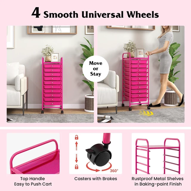 Alt view image 5 of 7 - Storage Cart, Rolling Utility Cart with 10 Drawers, Portable Handles & Lockable Wheels, Mobile Paper Toys Storage Organizer Large Capacity for Home Office School Teacher (Hot Pink)