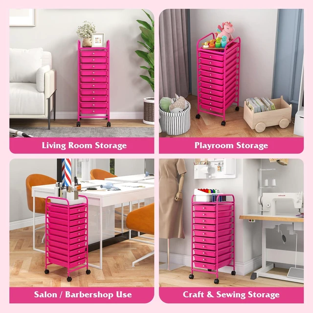Alt view image 6 of 7 - Storage Cart, Rolling Utility Cart with 10 Drawers, Portable Handles & Lockable Wheels, Mobile Paper Toys Storage Organizer Large Capacity for Home Office School Teacher (Hot Pink)