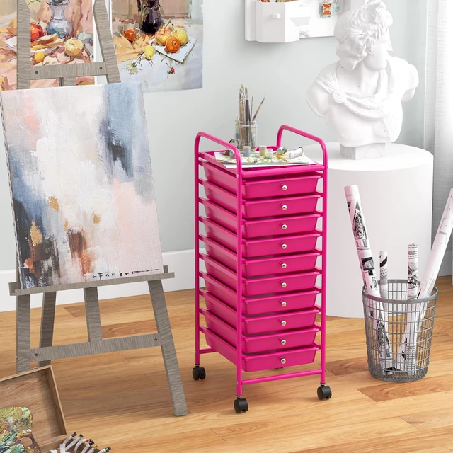 Alt view image 7 of 7 - Storage Cart, Rolling Utility Cart with 10 Drawers, Portable Handles & Lockable Wheels, Mobile Paper Toys Storage Organizer Large Capacity for Home Office School Teacher (Hot Pink)