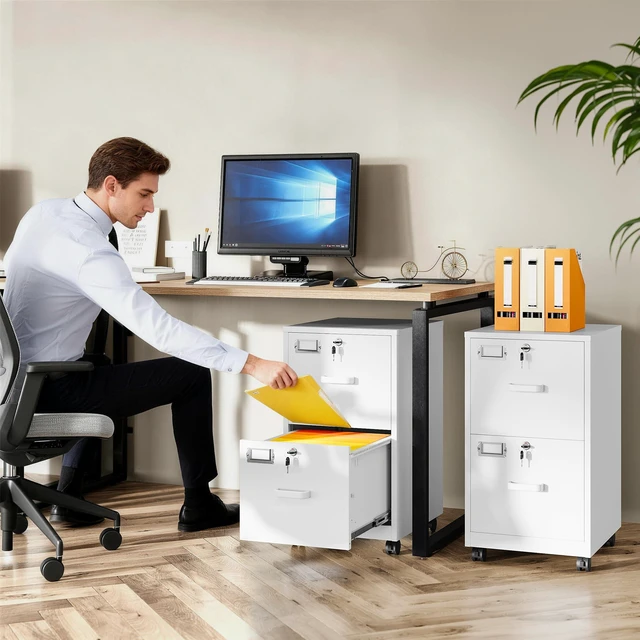 Alt view image 2 of 7 - 2 Drawer File Cabinet with Lock and Wheels,White Rolling File Cabinets,Locking Mobile Metal Filing Cabinet for Home Office,Under Desk,Fit A4/Letter/Legal File, Easy Assembly