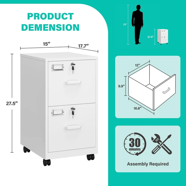 Alt view image 3 of 7 - 2 Drawer File Cabinet with Lock and Wheels,White Rolling File Cabinets,Locking Mobile Metal Filing Cabinet for Home Office,Under Desk,Fit A4/Letter/Legal File, Easy Assembly