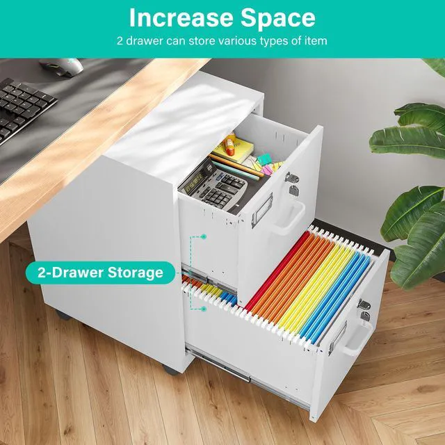 Alt view image 4 of 7 - 2 Drawer File Cabinet with Lock and Wheels,White Rolling File Cabinets,Locking Mobile Metal Filing Cabinet for Home Office,Under Desk,Fit A4/Letter/Legal File, Easy Assembly